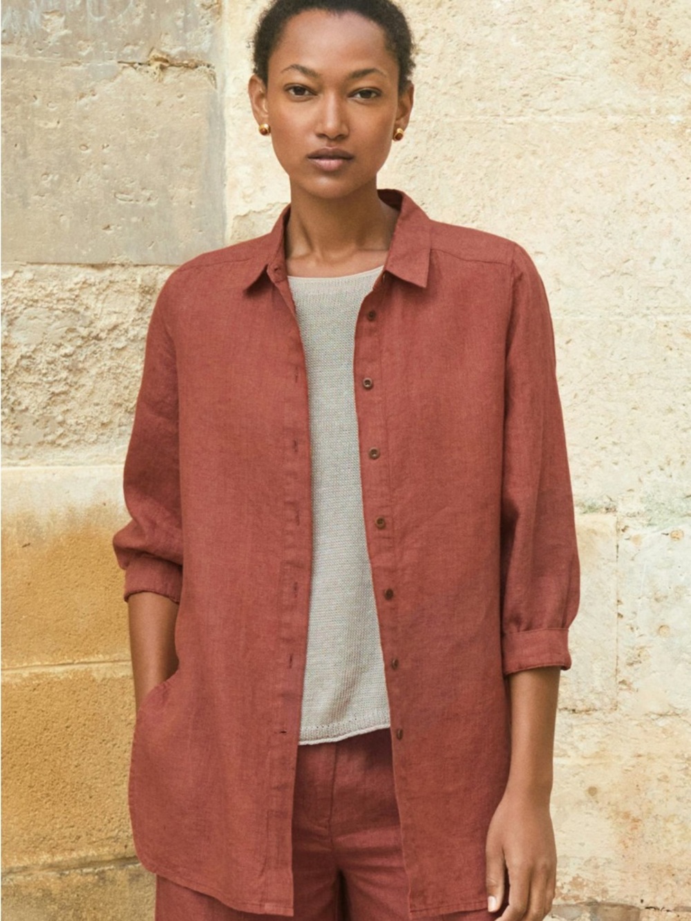 POETRY Deep Side Split 100% Linen Shirt Fig Copper Womens Size 4 Retails 178.00
